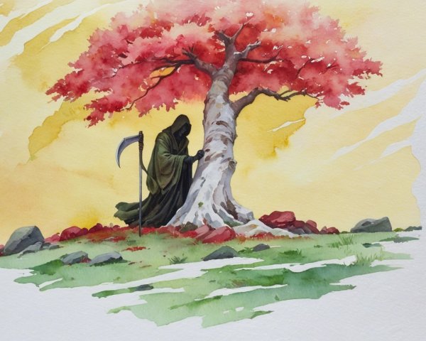 Hooded Figure and Vibrant Tree in Serene Landscape