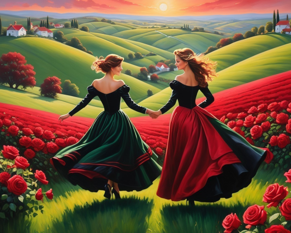Women in Elegant Dresses Walking Through Rose Field