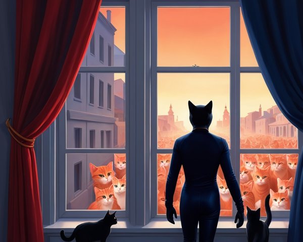 Black-clad figure views surreal scene of orange cats