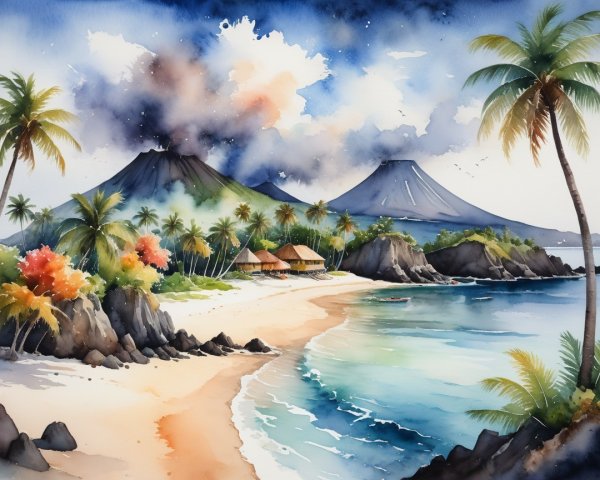Tropical Landscape with Volcanoes and Sandy Beach