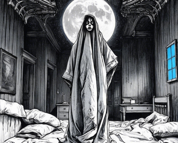 Ghostly Figure in Eerie Bedroom with Moonlit Shadows