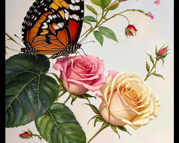 Vibrant Butterfly on Elegant Roses with Green Leaves
