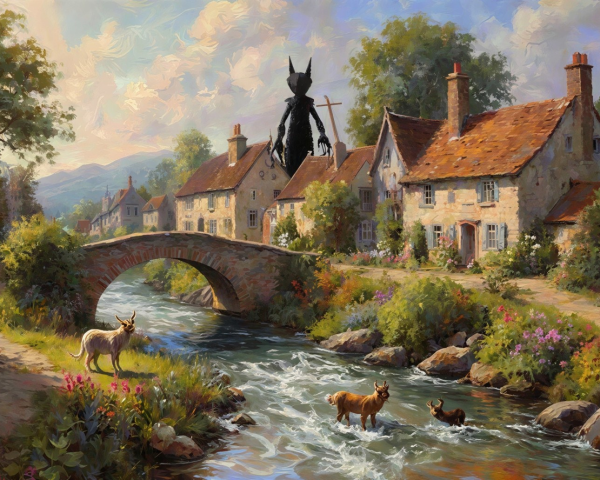 Tranquil Village Scene with Giant Silhouette Monster