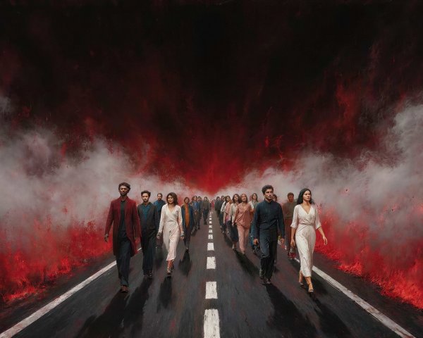 Diverse Group Walking on Wet Road Surrounded by Fire