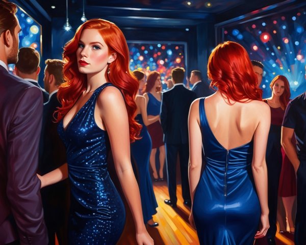 Vibrant Party Scene with Striking Woman in Blue Dress