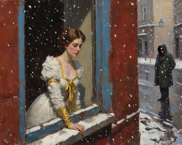 Oil Painting of Woman by Weathered Window in Snow