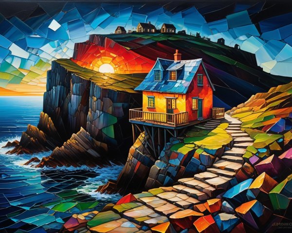 Colorful Cottage Overlooking Ocean at Sunset