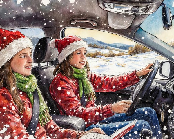 Watercolor Illustration of Two Girls in Winter Car Scene