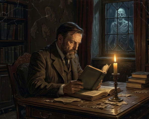 Elderly Man Reading in Gothic Library Setting