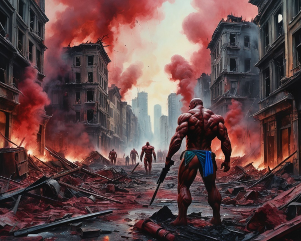Muscular Figures in a Post-Apocalyptic Cityscape