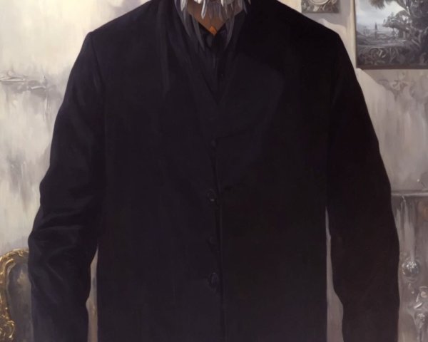 Tall figure in dark coat with skull mask and scarf