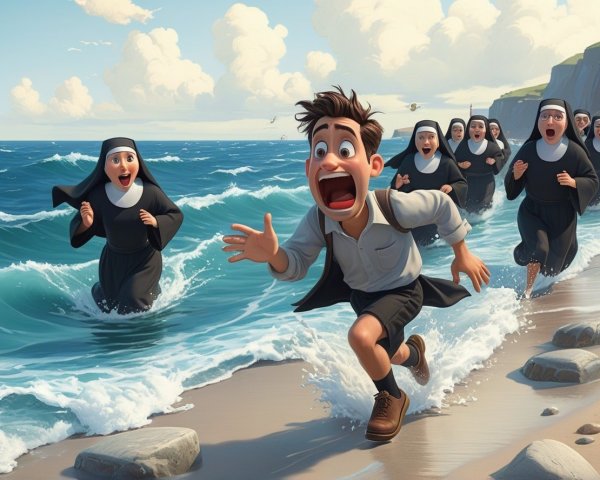 Cartoon Scene of Young Man Chased by Nuns on Beach
