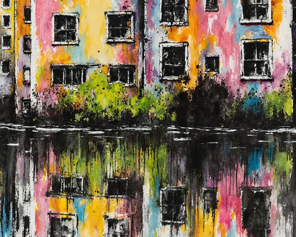 Vibrant Abstract Painting of Colorful Buildings and Reflection
