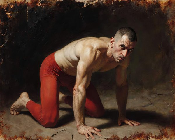 Realistic Oil Painting of a Muscular Crouching Man