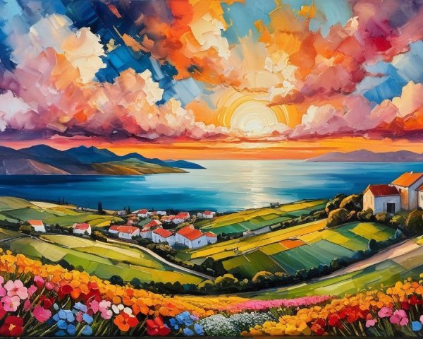 Vibrant Sunset Landscape Over Serene Water and Flowers
