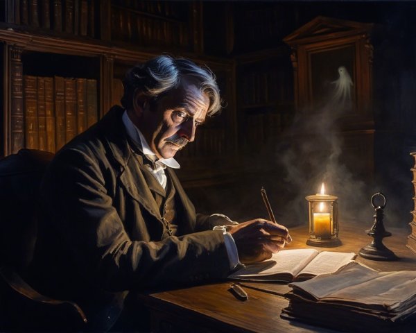 Scholar Writing at Wooden Desk with Ethereal Figure
