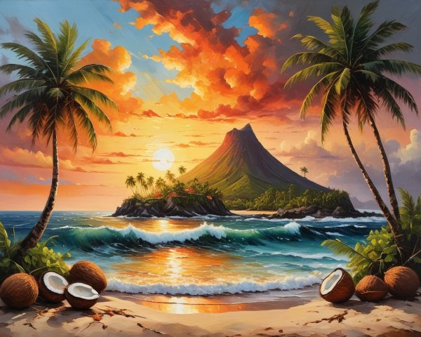 Tropical Sunset with Volcano and Sandy Shoreline