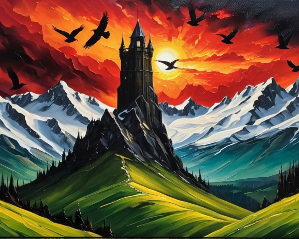 Dramatic Landscape with Castle and Sunset Sky