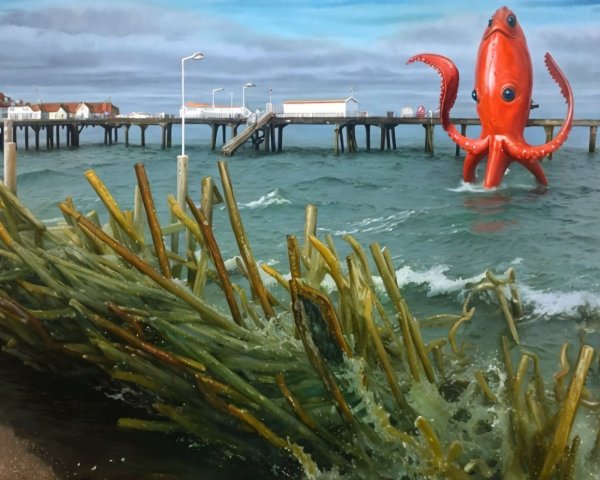 Surreal Seascape with Vibrant Orange Octopus and Pier