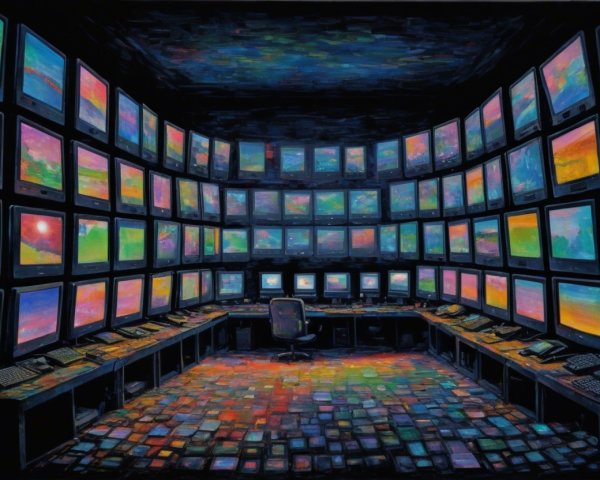 Futuristic Control Room with Colorful Monitors and Tiles