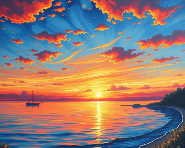 Vibrant Landscape Painting of Sunset with Moon and Stars