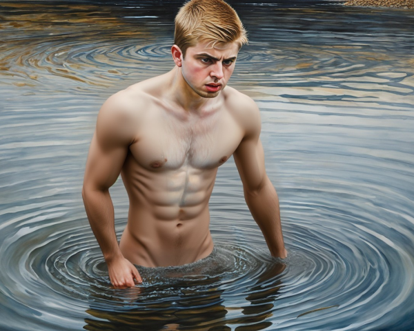 Muscular Young Man in Shallow Water with Waves
