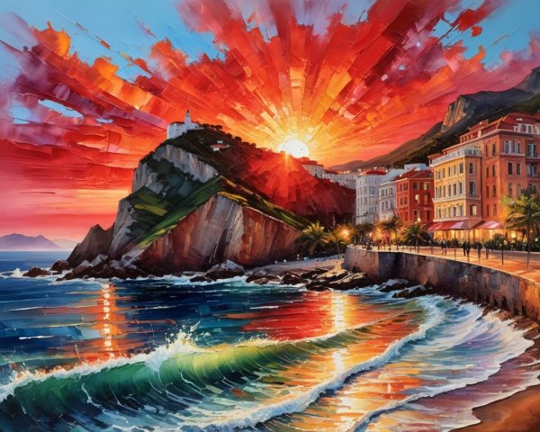 Vibrant Coastal Sunset with Promenade and Lighthouse