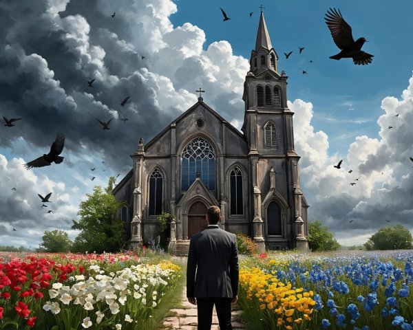 Lone Figure by Gothic Church with Flower Beds and Clouds