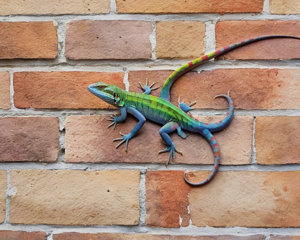 Vibrant Lizard Climbing Textured Brick Wall
