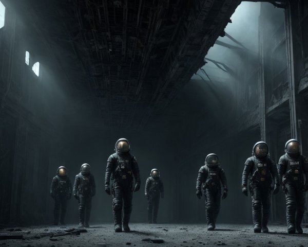 Astronauts in Futuristic Suits Explore Abandoned Space