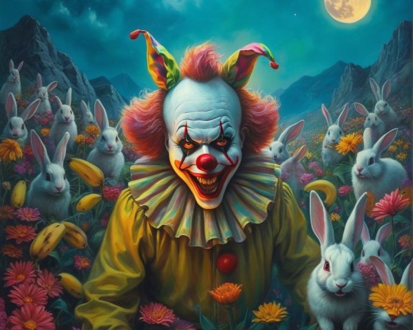 Sinister Clown in Flower Field Under Full Moon