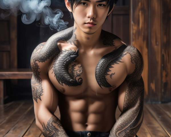Muscular Young Man with Snake Tattoos in Dim Lighting