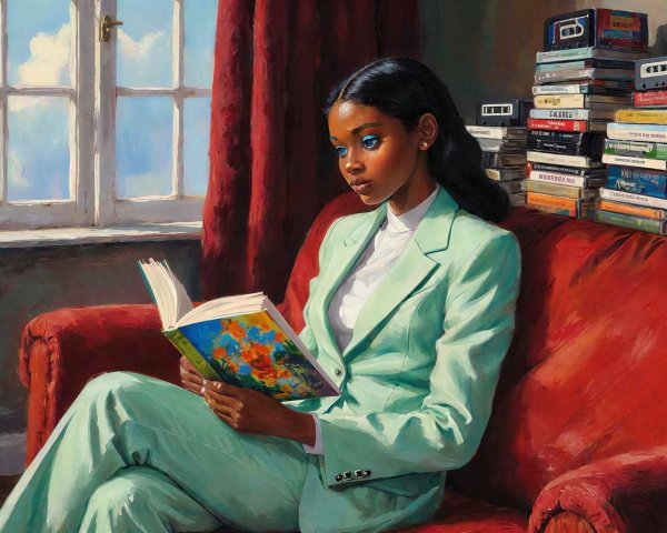 Elegant Woman Reading on Red Couch with Books