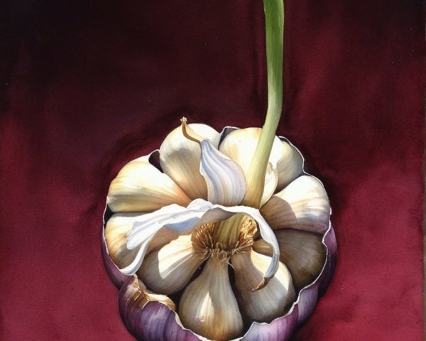 Watercolor Painting of Garlic Bulb with Sprout