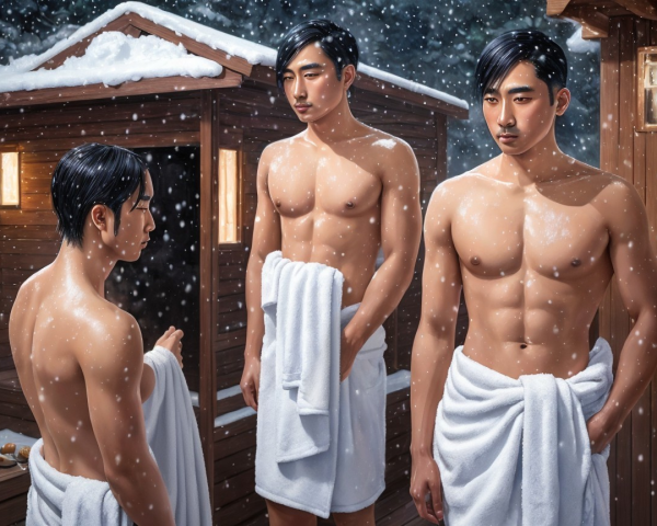 Three Asian Men in Towels in Snowy Outdoor Scene