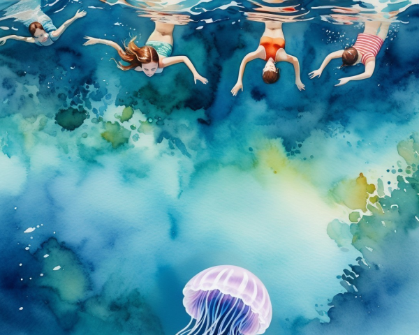 Watercolor Illustration of Swimmers and Jellyfish in Sea