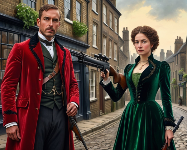 Historical Scene of a Confident Couple on Cobblestone Street