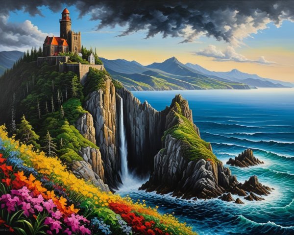 Coastal Landscape with Castle and Waterfall Features