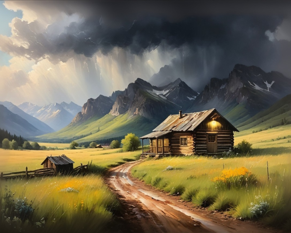 Rustic log cabin in a vibrant green valley scene