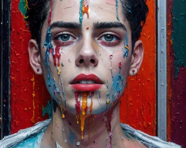 Portrait of a Young Man with Colorful Paint Drips