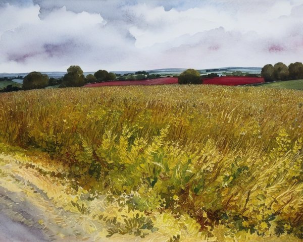 Serene Landscape with Rolling Hills and Golden Fields