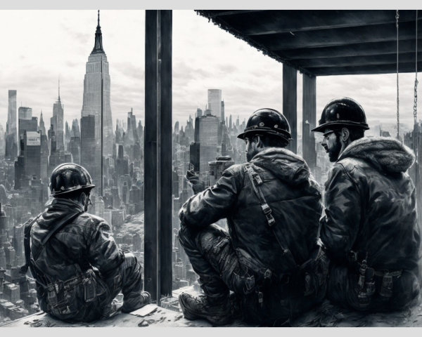 Three Workers in Safety Helmets Overlooking Cityscape