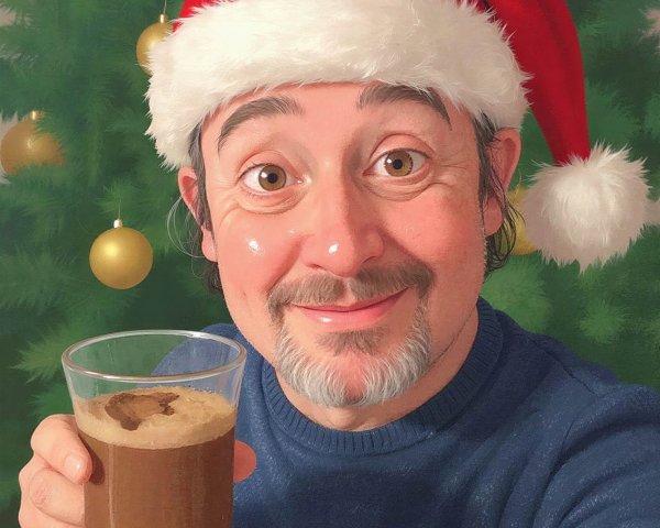 Smiling Man in Santa Hat with Hot Chocolate and Tree