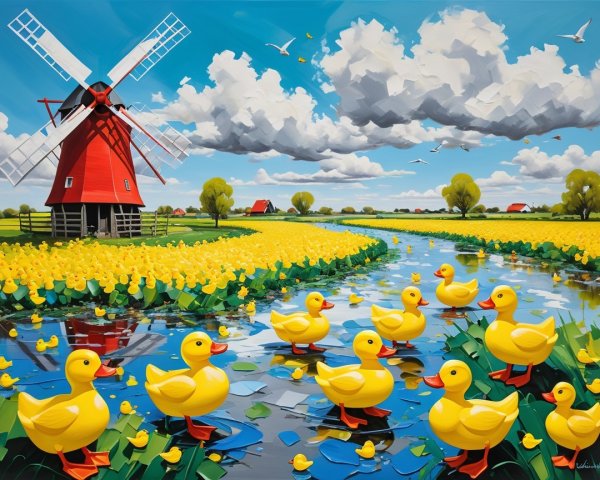 Vibrant countryside landscape with windmill and flowers