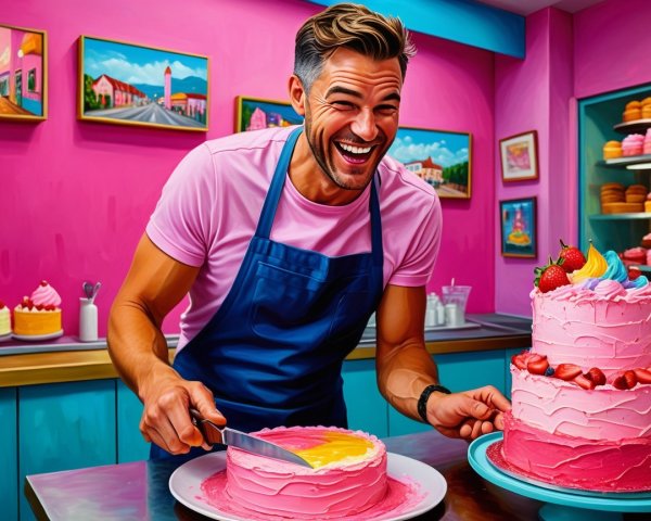 Cheerful Baker Slicing Colorful Pink Cake in Bakery
