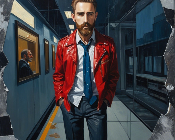 Confident Man in Red Jacket in Minimalist Corridor