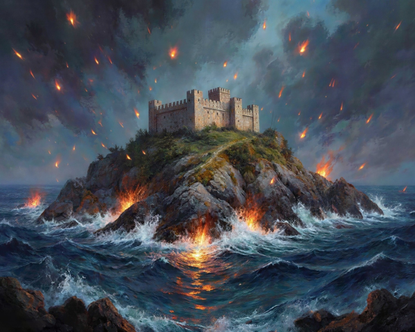 Dramatic Oil Painting of Castle on Rocky Island
