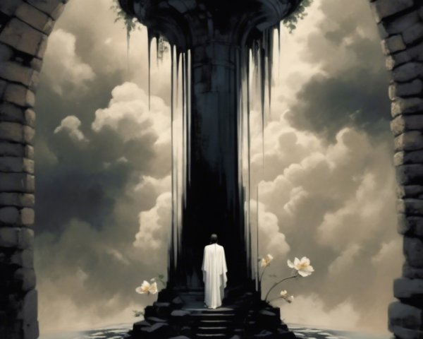 Solitary Figure in Cloak at Dark Column with Vines