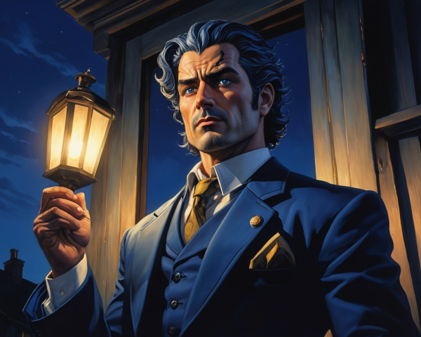 Elegant man in blue suit under lantern light