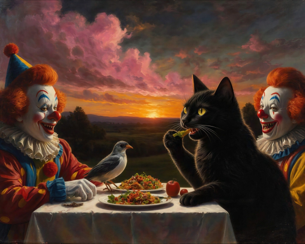 Whimsical Sunset Scene with Clowns and a Cat